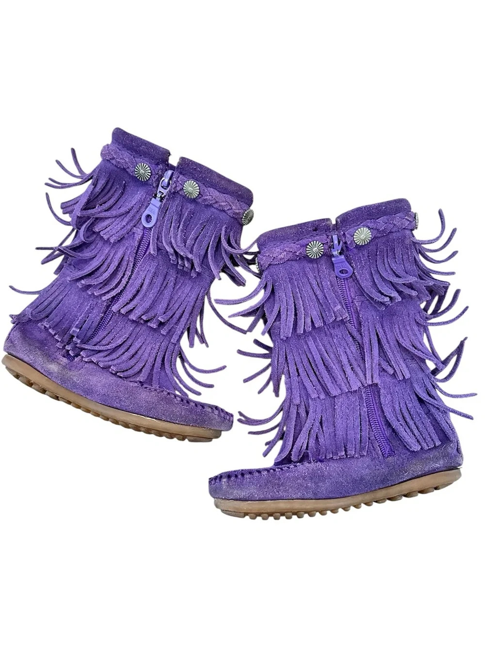 MINNETONKA Purple Triple Fringe Kids Moccasin Boots Size 9